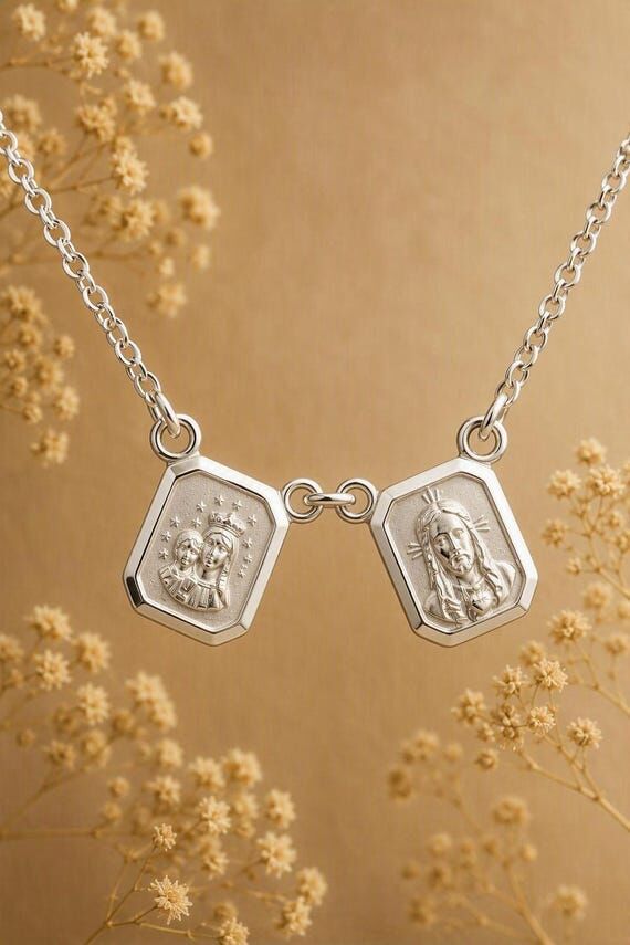 Sterling silver Scapular necklace, Square med...