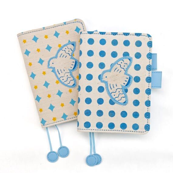 Hand-Embroidered Blue Polka Dot Bird Hobonich...