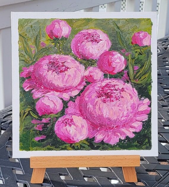 Pink peonies garden flowers acrylic handmade ...