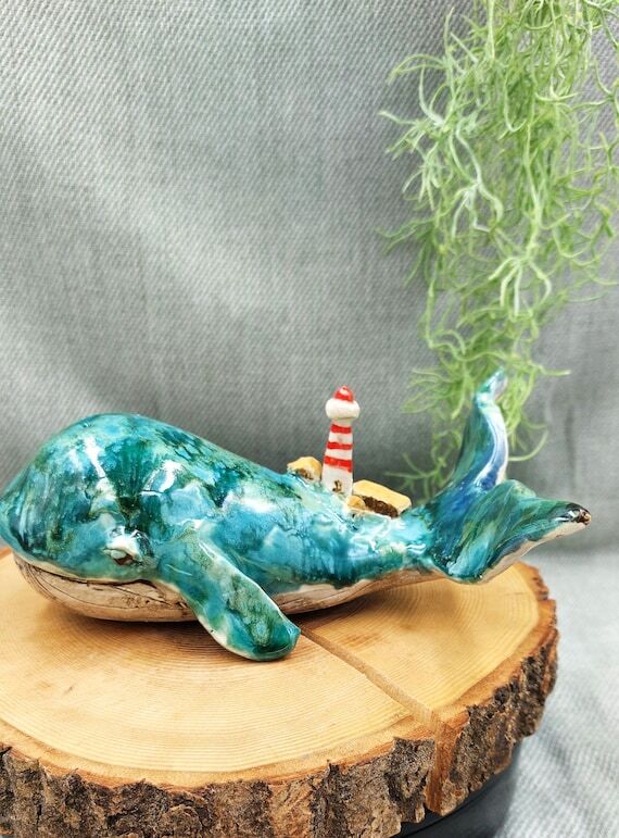 Ceramic Whale with miniature Lighthouse, Boat...