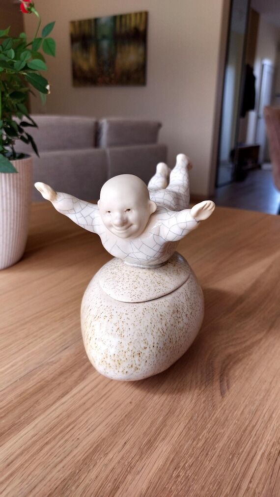 Handmade Ceramic Flying Man Jar with Lid, Fun...