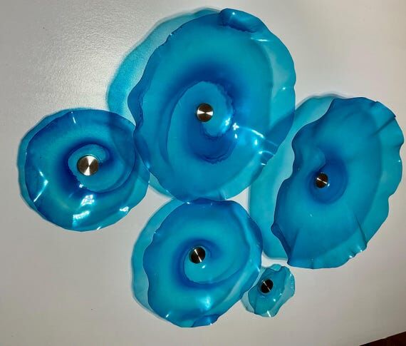 Wall sculpture aqua blue/ocean blue flowers a...