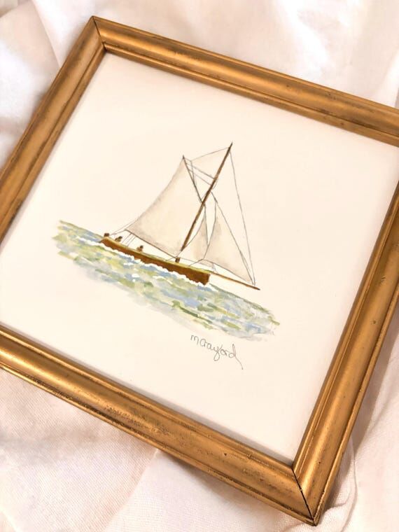 Framed Sailboat Watercolor Painting | Vintage...