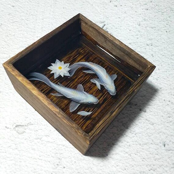 Koi Fish Resin Painting, 3D Wooden Box Art...