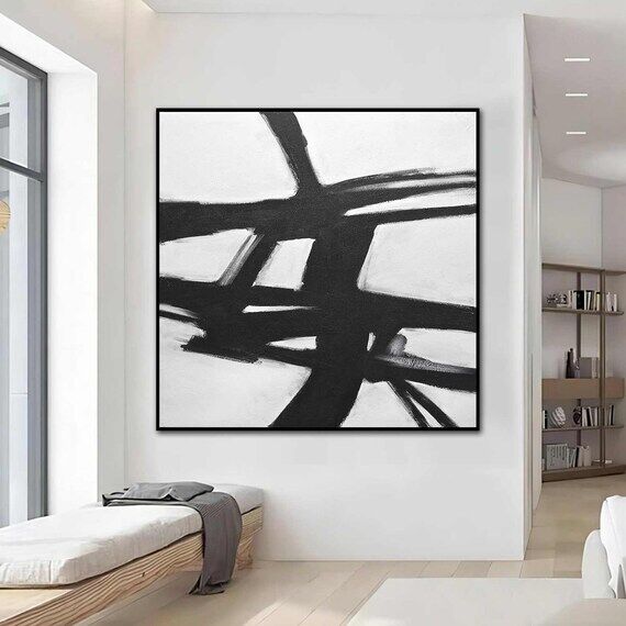 Black and White Mid Century Abstract Painting...