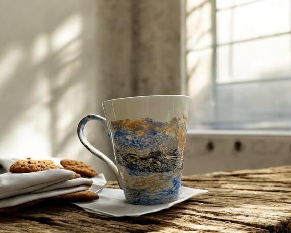 Hand Painted Bone China Mug | Blue Abstract O...
