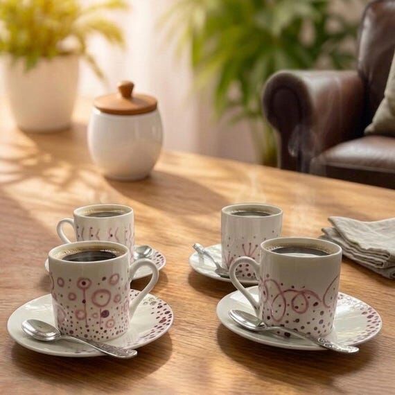 Hand Painted Espresso Cups Set with Saucers, ...