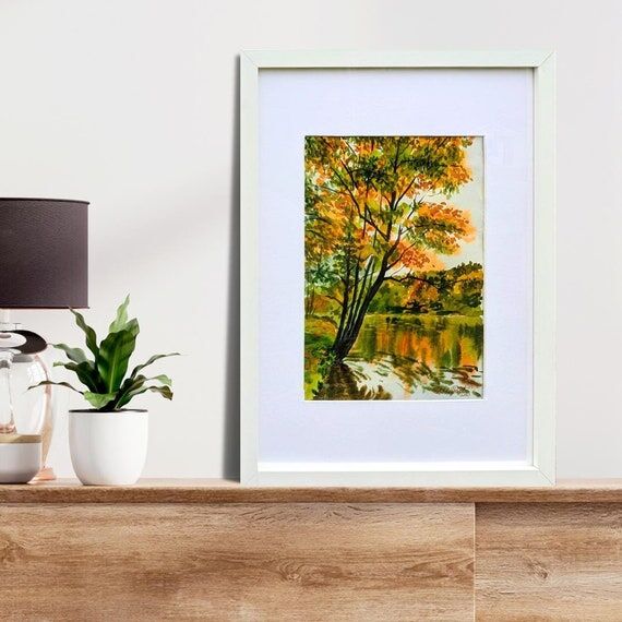 Framed Autumn Tree Watercolor Painting: Lands...