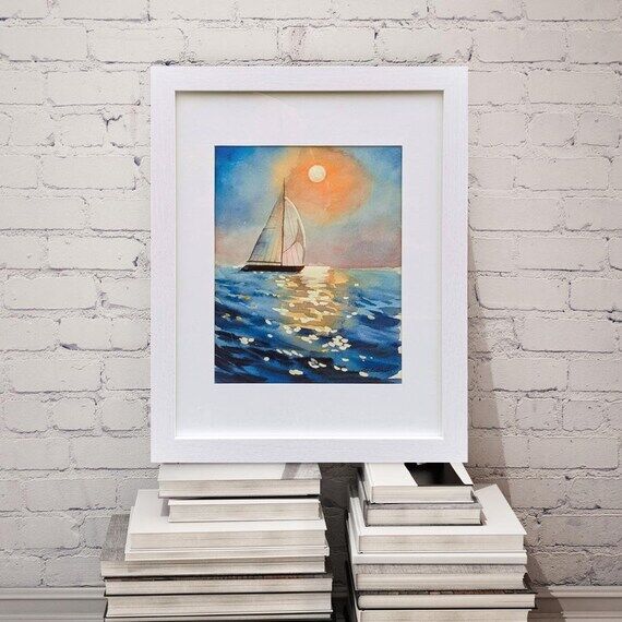 Framed Watercolor Sunset Seascape: Sailboat P...