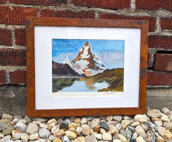 Framed Mountain Lake Watercolor Painting: Han...