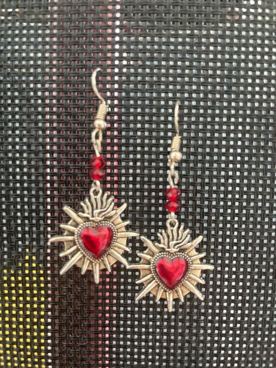 Handmade Small Sacred Heart Earrings with Red...