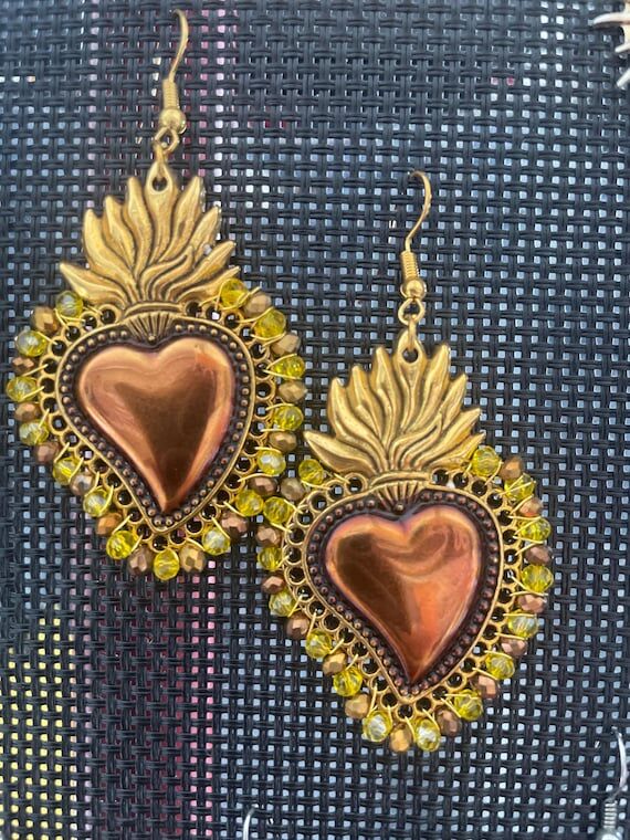 Handmade Sacred Heart Earrings with Yellow Be...