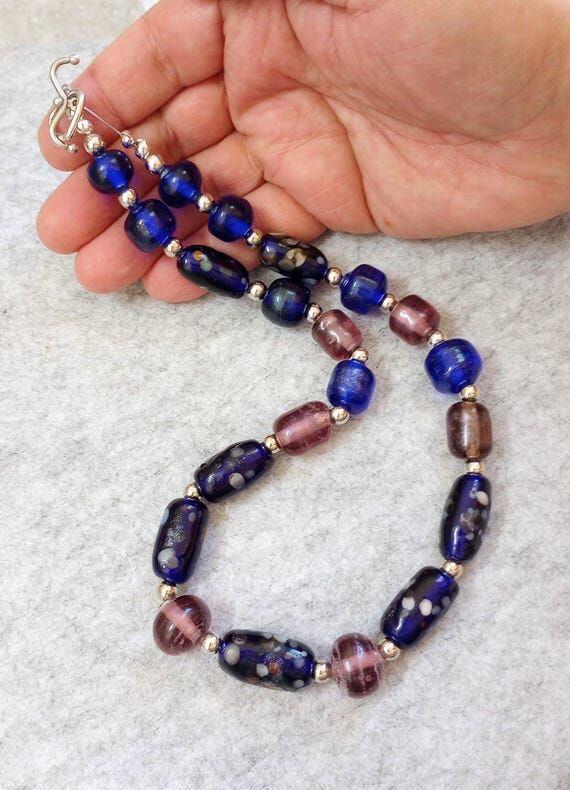 Handmade Lampwork Necklace in Blue & Amethyst...