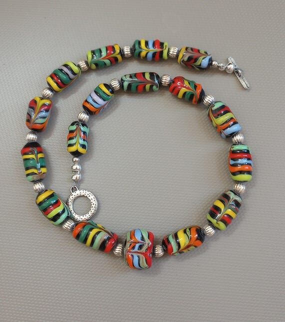Handmade Lampwork Glass Bead Necklace with Ra...