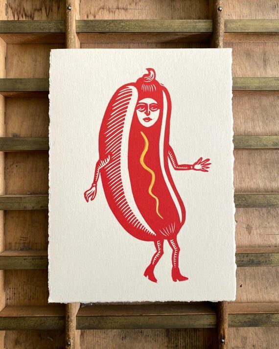 Hot Dog Lady Handmade Linocut Print | Whimsic...