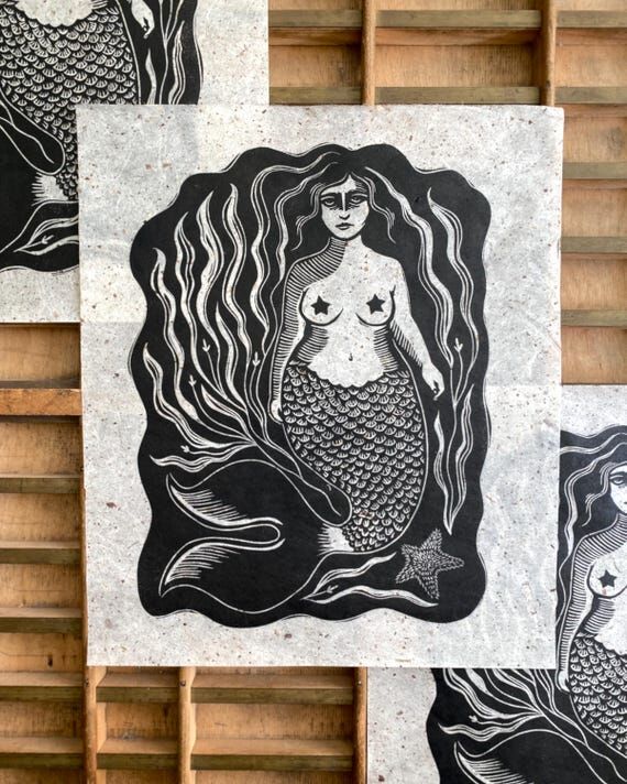 Mermaid Handmade Linocut Print | Traditional ...