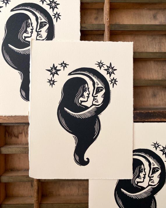 Handmade Woman and Moon Linocut Print | Relie...