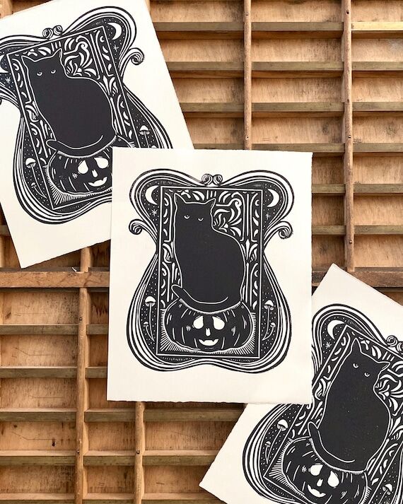 Halloween Cat Linocut Print | Halloween | Bla...