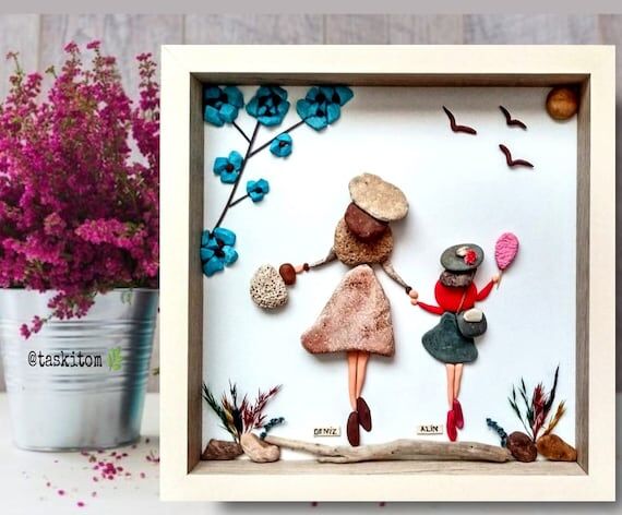 Family Pebble Art, Custom Mother Daughter Por...