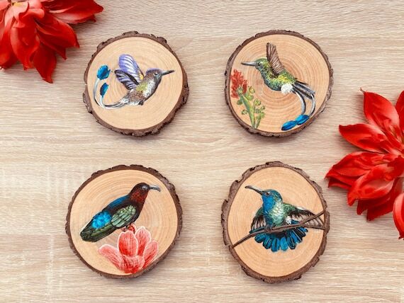 Handmade Hummingbirds Wood Slice Coaster Set...