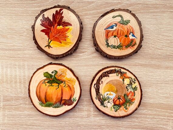 Fall Wood Slice Coaster Set, Holiday Table De...