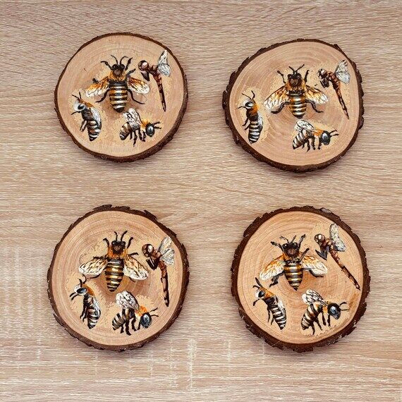 Handmade Wood Slice Coaster Set of Bees...