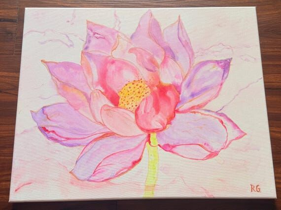 Hand painted Pink Lotus Painting 16x20, Acryl...