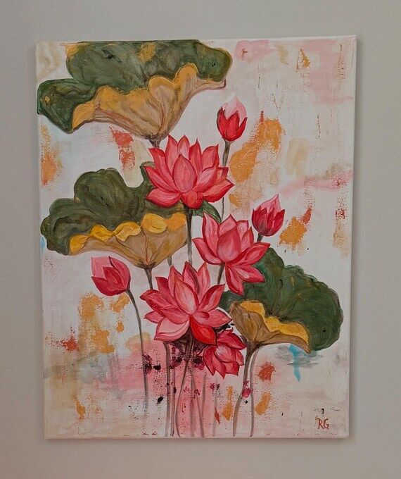 Original Lotus Flower Painting, Pink Lotus Wa...
