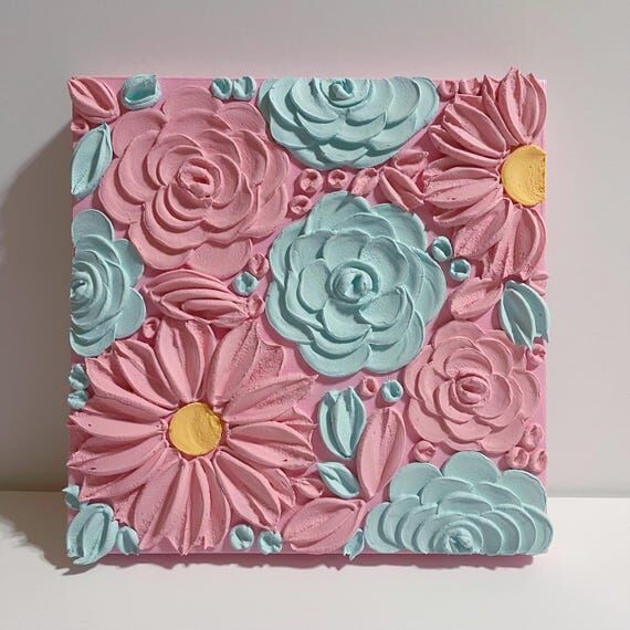 Blue And Pink 3D Floral Painting, Textured 3D...