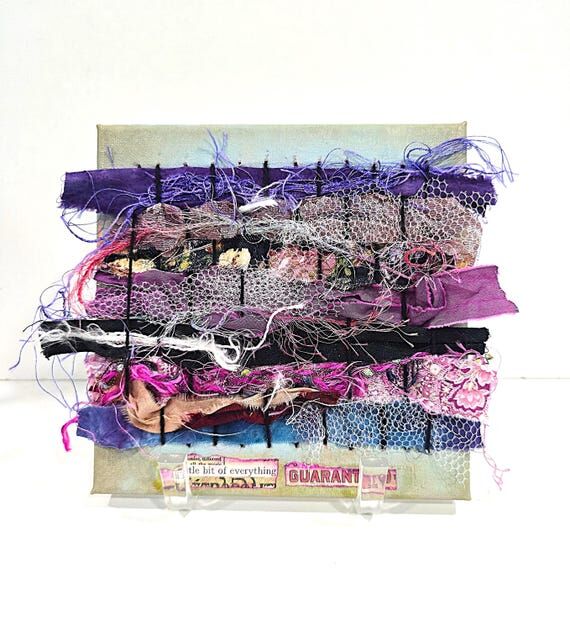 Textile Collage Wall Art, Purple Fiber Art, W...