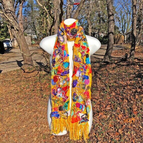 COLORFUL WEARABLE ART Scarf Handmade Yellow U...