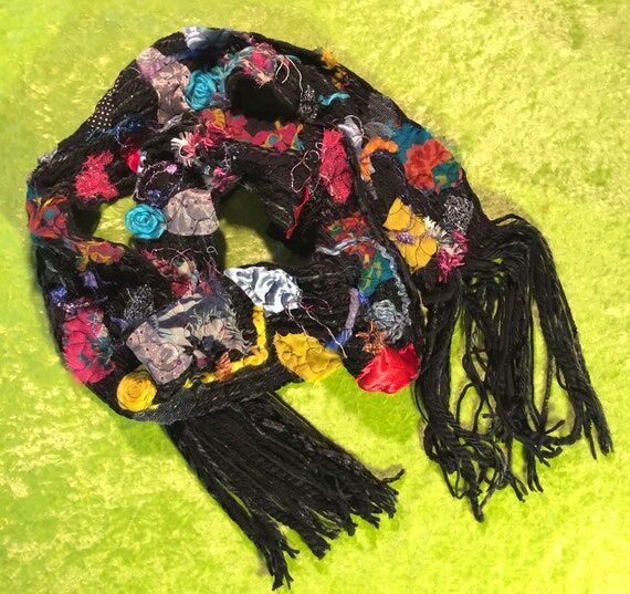 WEARABLE ART SCARF Handmade Black Recycled Ya...