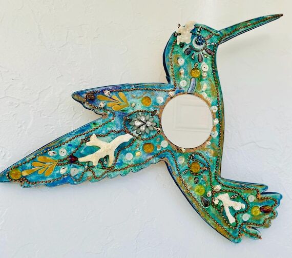 Hummingbird Mosaic Mirror: Abalone, Pearl, Co...