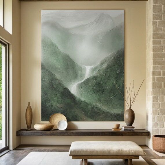 Large Original Green Abstract Mountains Oil P...