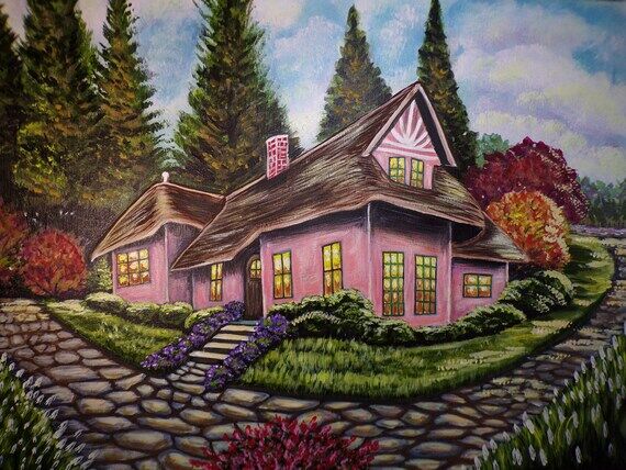 Pink cottage original painting- landscape- Ha...