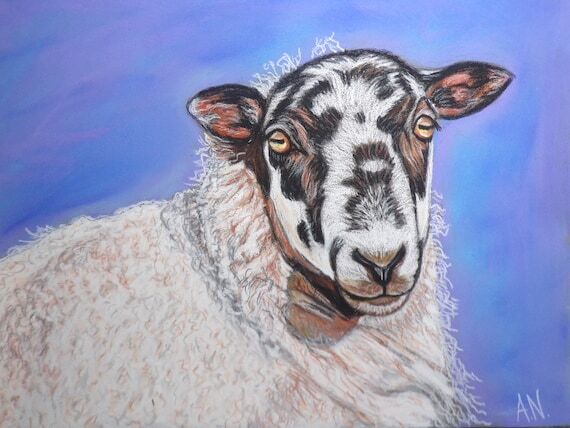Spotted Sheep Pastel Painting, Farm Animal Ar...