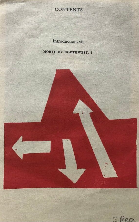 Arrows, red linocut printmaking on Book Title...