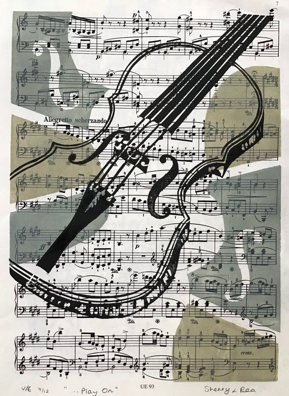 Violin on musical score. Original handmade ar...