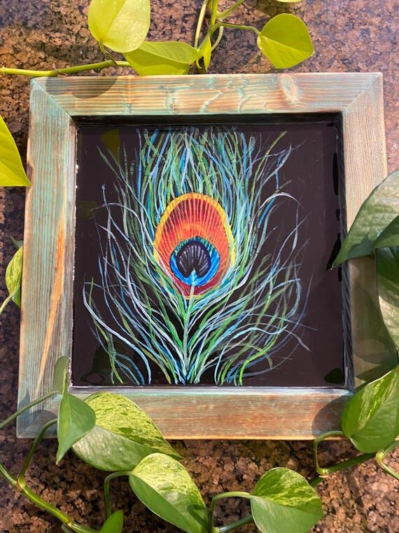 Peacock Feather Resin Layered Painting Wall A...