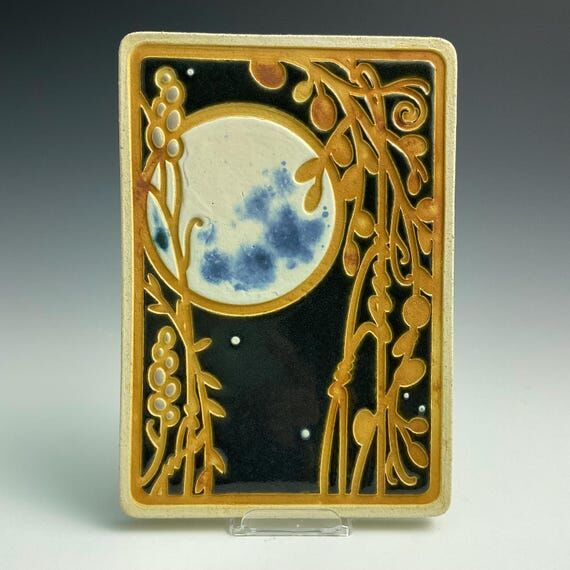Handmade ceramic art tile, Full moon and oran...