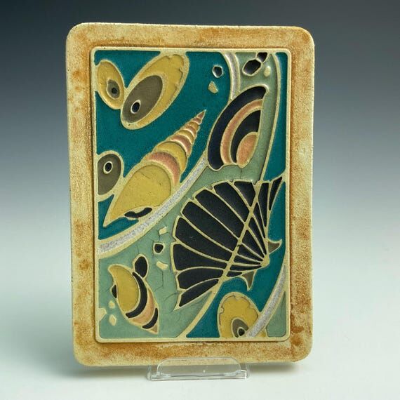 Handmade ceramic art tile, flowing watery sce...