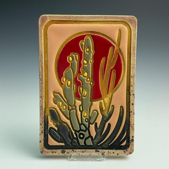 Handmade ceramic art tile, Giant red sun fixe...
