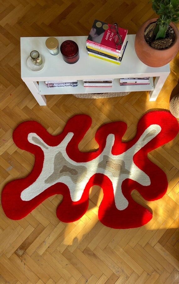 Red Abstract Wool Tufted Rug, Handmade Accent...