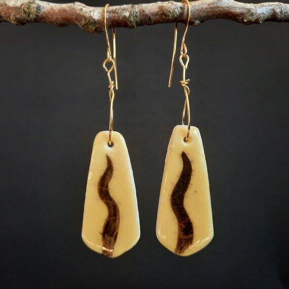 PORCELAIN and GOLD EARRINGS Honey Amber Glaze...