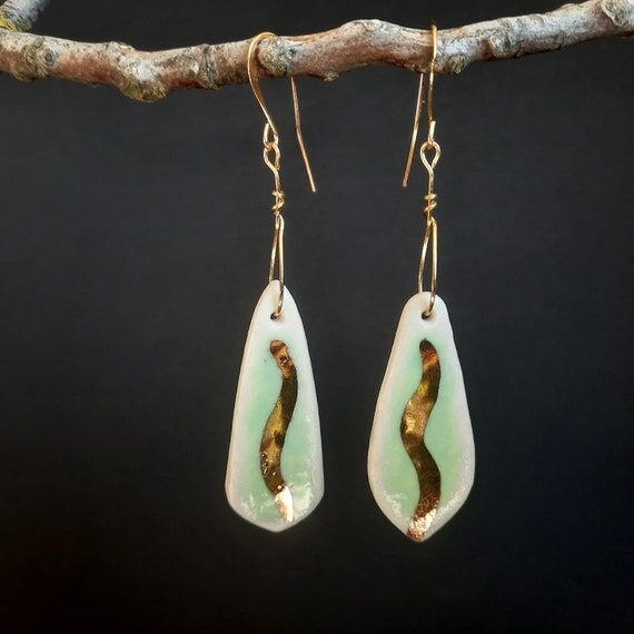 JADE-GREEN PORCELAIN + Gold Earrings- with 22...