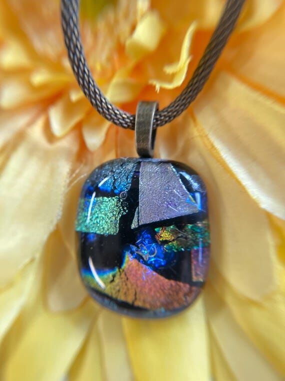 Mosaic Dichroic Fused Glass Pendant Necklace:...