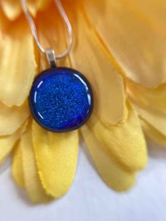 Blue Dichroic Fused Glass Pendant Necklace: H...