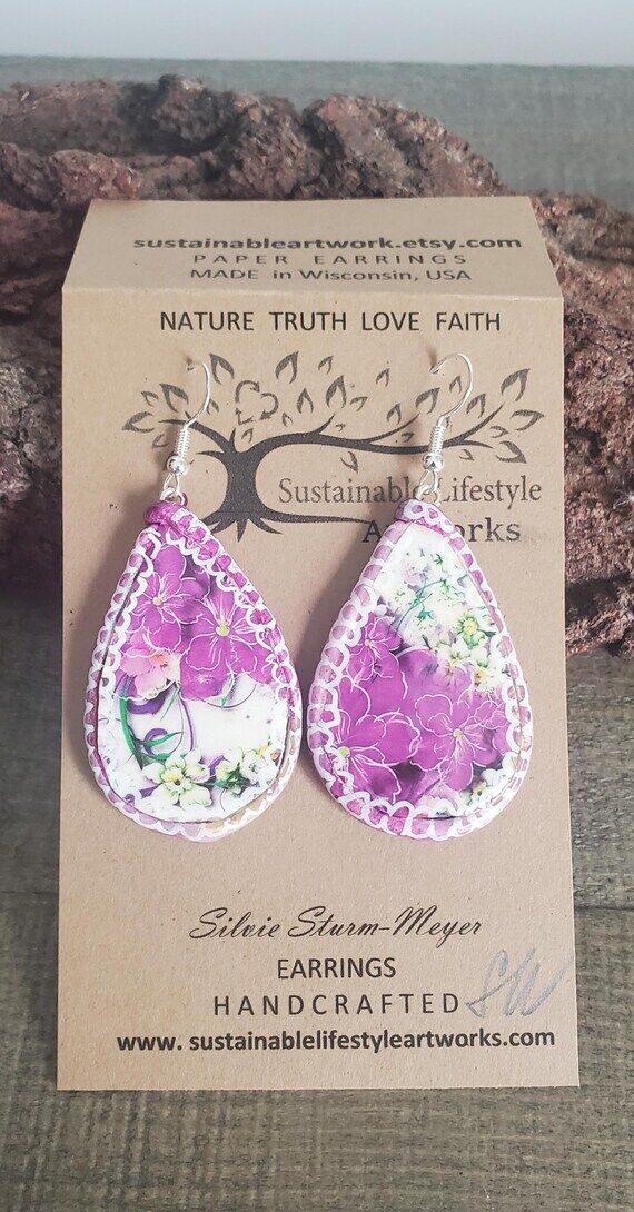 Flower Paper Earrings hand-painted purple...
