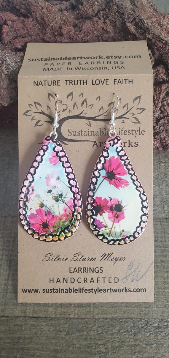 Cosmos Flower Paper Artisan Earrings Original...