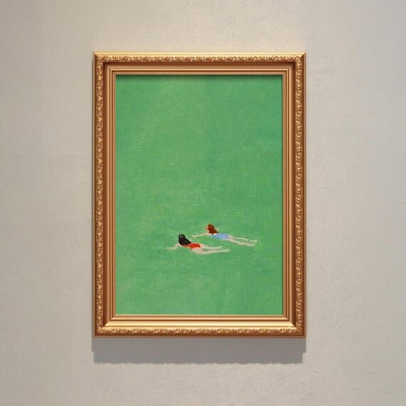 Two Women Swimming Original Art,Minimalist Ca...